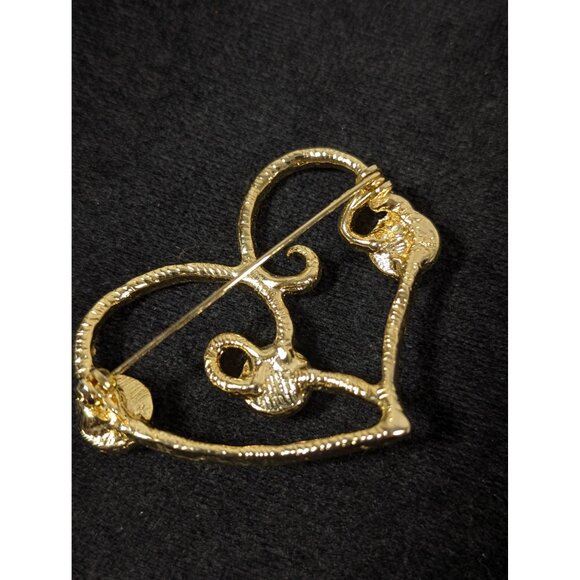 Vintage Gold Tone Heart Brooch Red Black Clear Cabochon Statement Bold - Picture 5 of 8